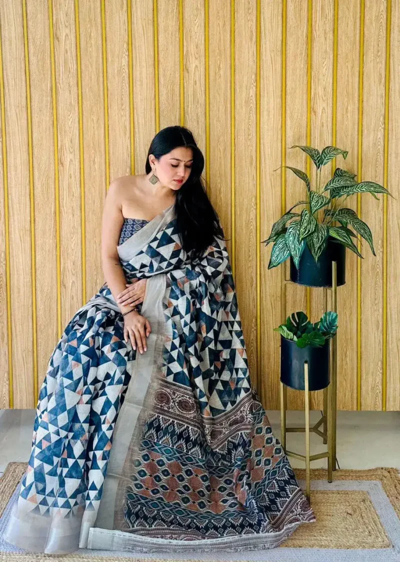 Linen Silk Cotton Sarees With All Over Unique Digital Prints