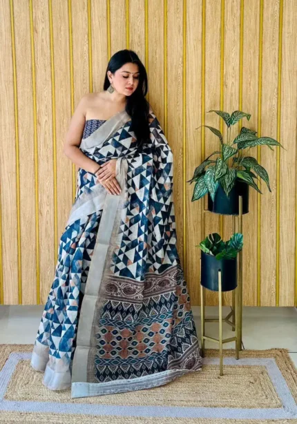 Linen Silk Cotton Sarees With All Over Unique Digital Prints