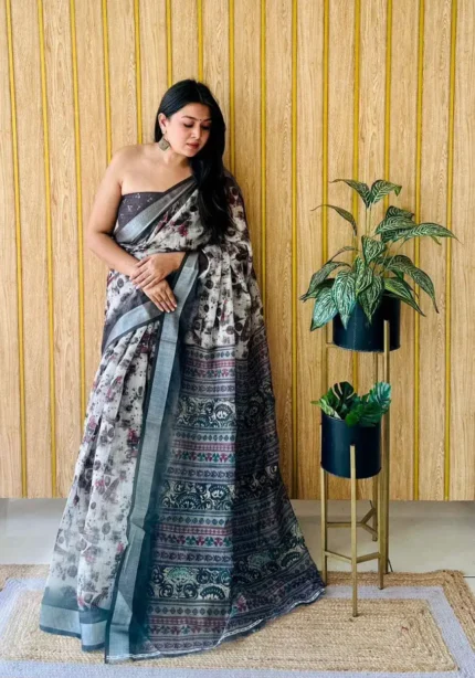 Linen Silk Cotton Sarees With All Over Unique Digital Prints