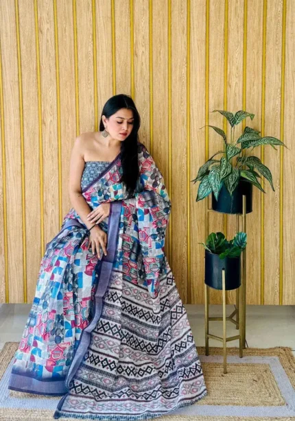 Linen Silk Cotton Sarees With All Over Unique Digital Prints