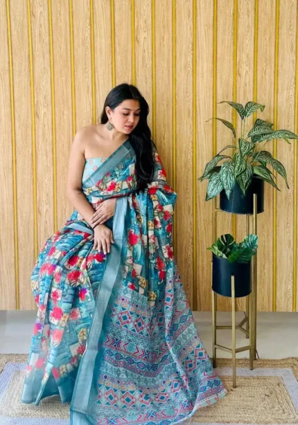 Linen Silk Cotton Sarees With All Over Unique Digital Prints