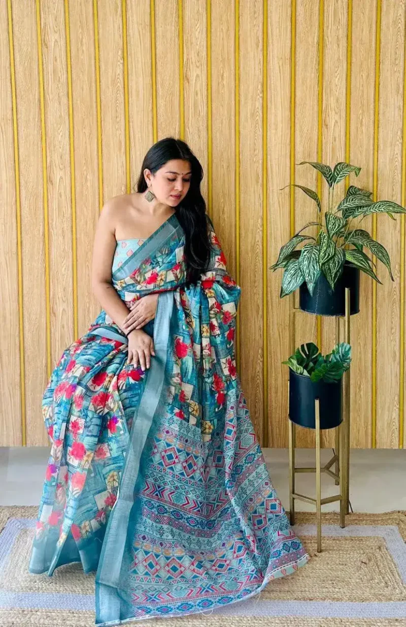 Linen Silk Cotton Sarees With All Over Unique Digital Prints