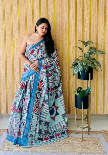 Linen Silk Cotton Sarees With All Over Unique Digital Prints