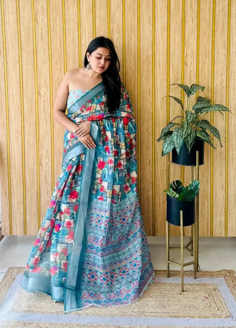 Linen Silk Cotton Sarees With All Over Unique Digital Prints