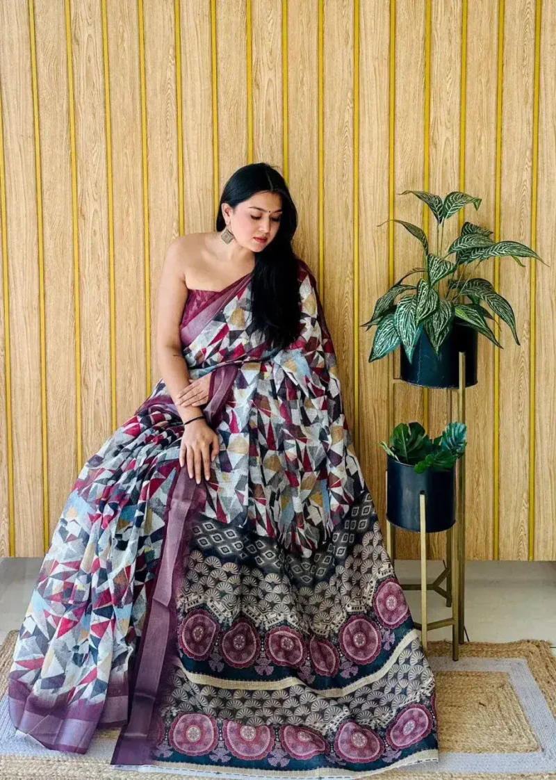 Linen Silk Cotton Sarees With All Over Unique Digital Prints