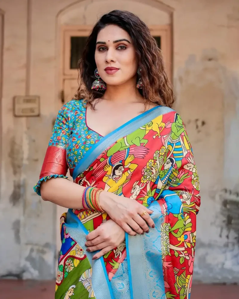 Madhubani Folk Art Digital Printed Tussar Silk Saree