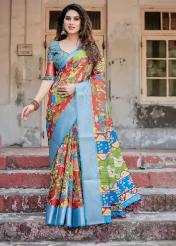 Madhubani Folk Art Digital Printed Tussar Silk Saree