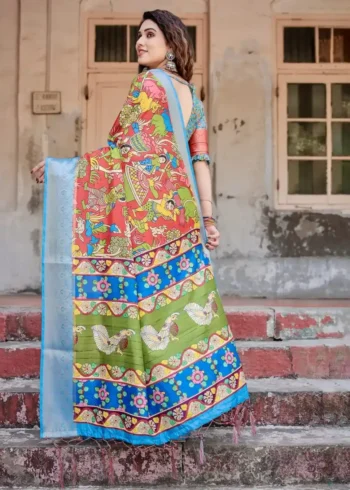 Madhubani Folk Art Digital Printed Tussar Silk Saree
