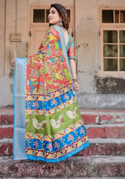 Madhubani Folk Art Digital Printed Tussar Silk Saree