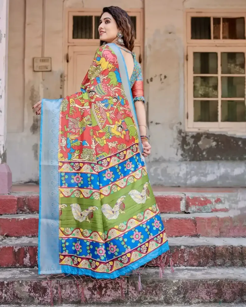 Madhubani Folk Art Digital Printed Tussar Silk Saree