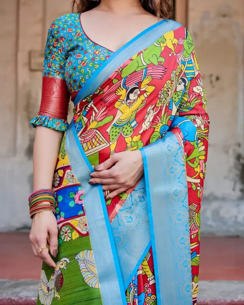 Madhubani Folk Art Digital Printed Tussar Silk Saree