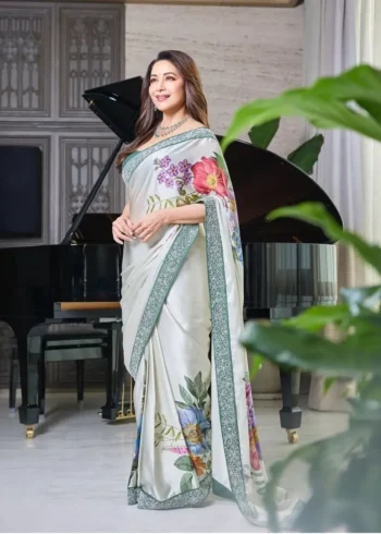 Madhuri Dixit Inspired Cocktail Party Wear Satin Silk Saree