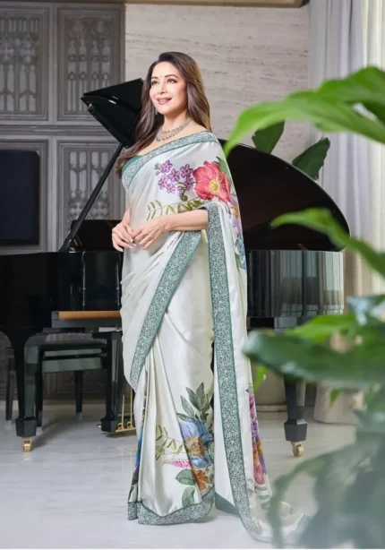 Madhuri Dixit Inspired Cocktail Party Wear Satin Silk Saree