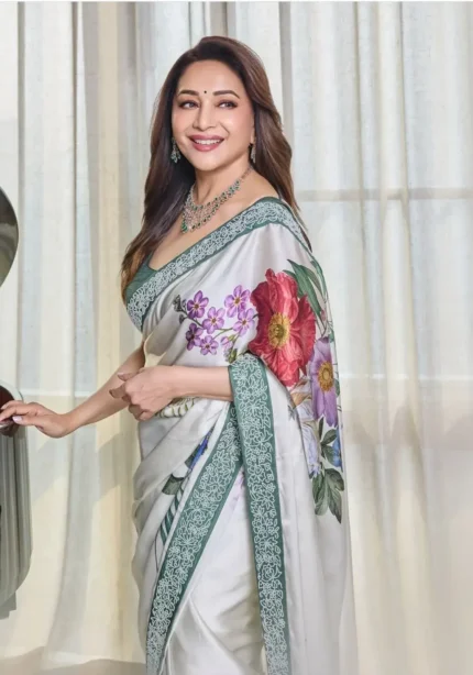 Madhuri Dixit Inspired Cocktail Party Wear Satin Silk Saree