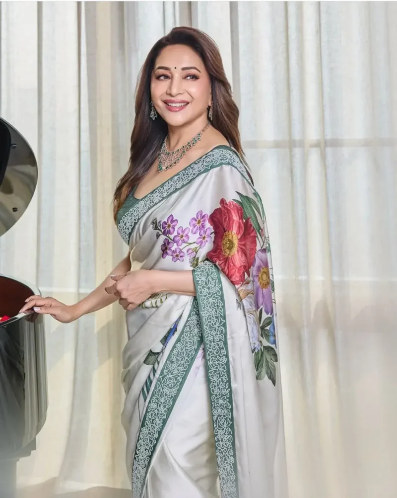 Madhuri Dixit Inspired Cocktail Party Wear Satin Silk Saree