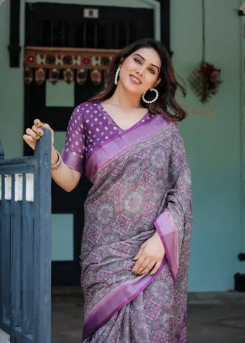 Majestic Purple Pure Linen Saree With Tassels