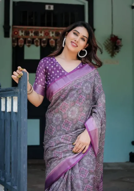 Majestic Purple Pure Linen Saree With Tassels