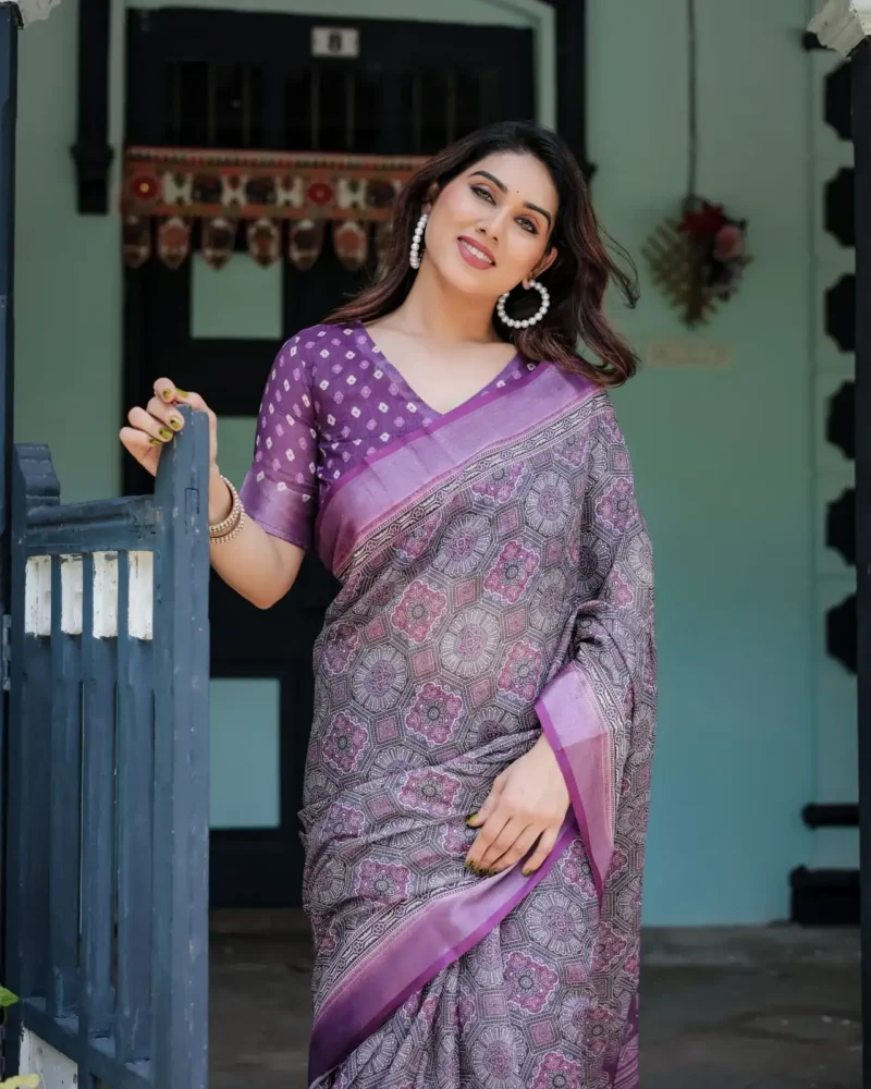 Majestic Purple Pure Linen Saree With Tassels