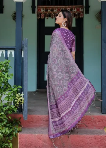 Majestic Purple Pure Linen Saree With Tassels