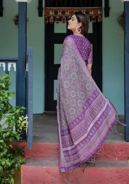 Majestic Purple Pure Linen Saree With Tassels