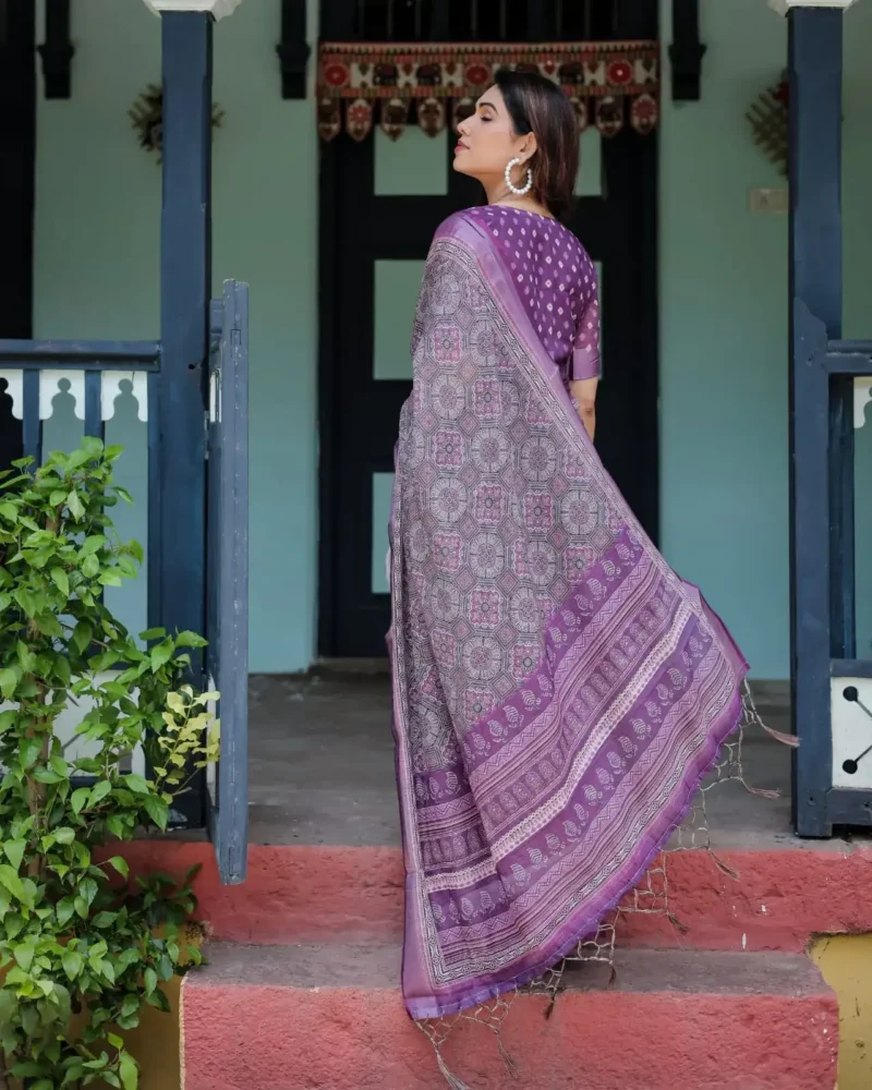 Majestic Purple Pure Linen Saree With Tassels