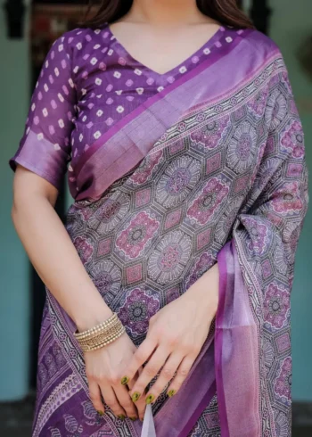 Majestic Purple Pure Linen Saree With Tassels