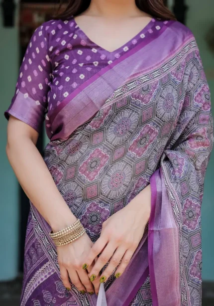 Majestic Purple Pure Linen Saree With Tassels