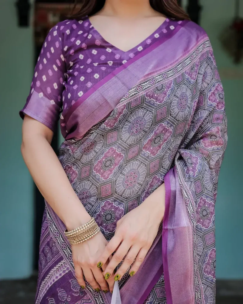 Majestic Purple Pure Linen Saree With Tassels