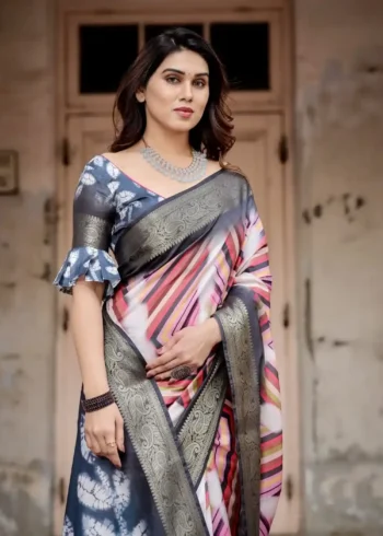 Modern Striped Digital Printed Tussar Silk Saree