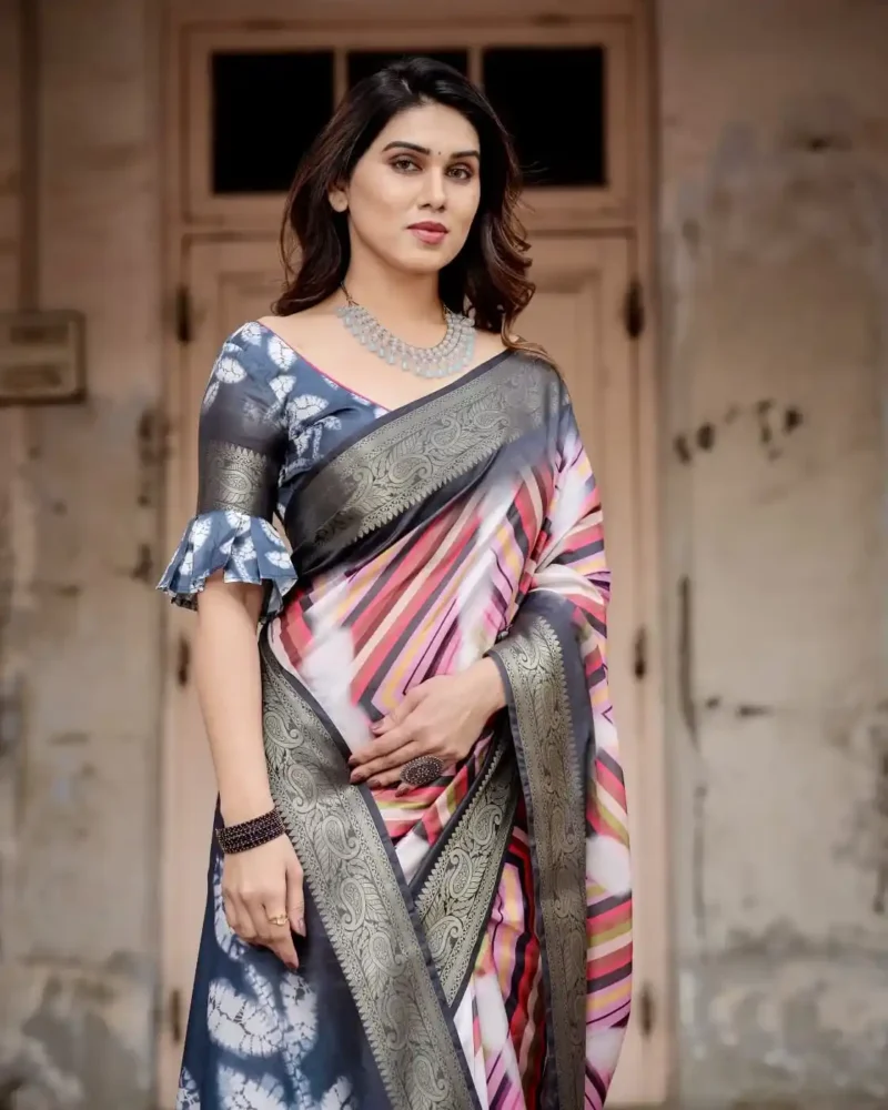 Modern Striped Digital Printed Tussar Silk Saree