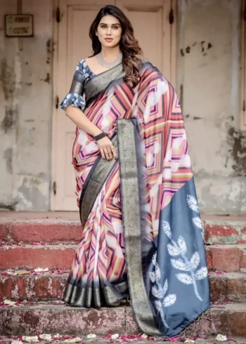 Modern Striped Digital Printed Tussar Silk Saree