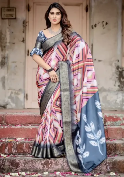 Modern Striped Digital Printed Tussar Silk Saree