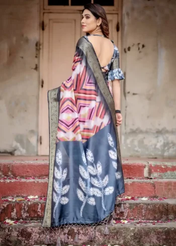 Modern Striped Digital Printed Tussar Silk Saree