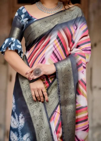 Modern Striped Digital Printed Tussar Silk Saree