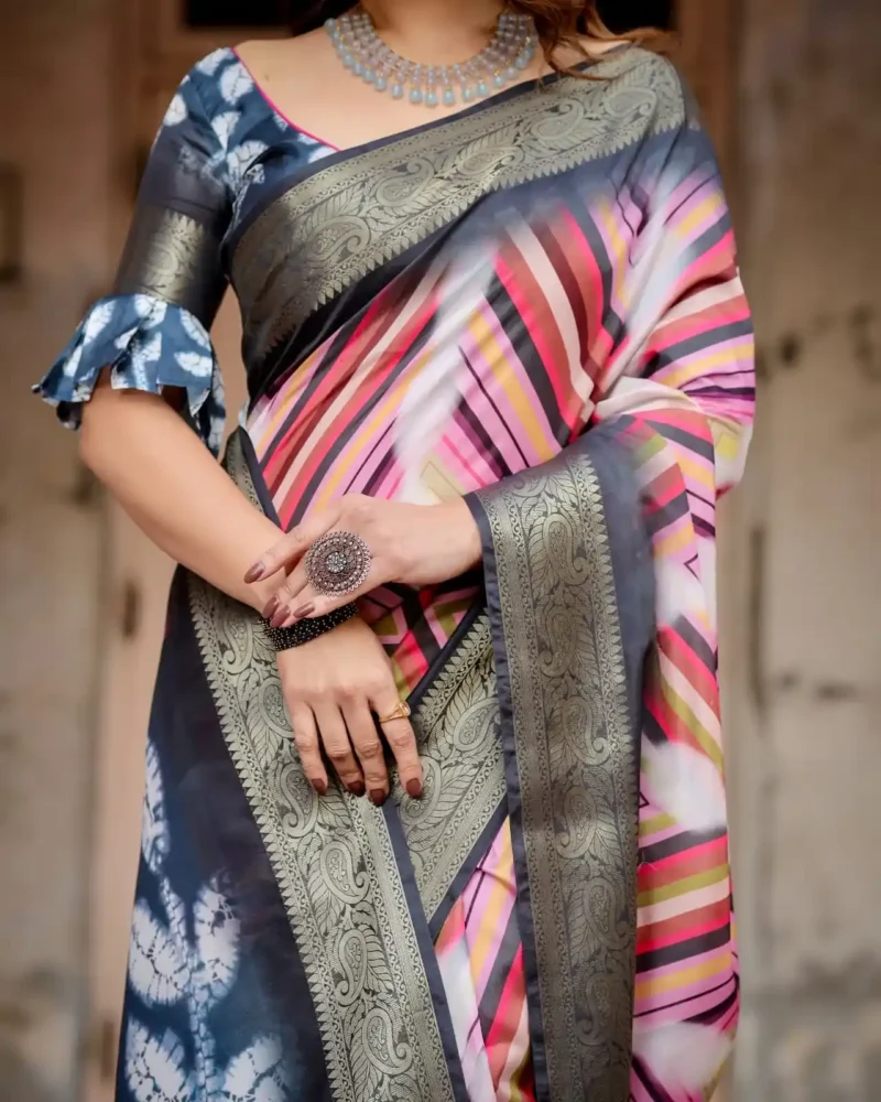 Modern Striped Digital Printed Tussar Silk Saree