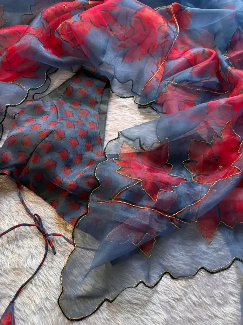Multi Color Digital Print With Cutdana Handwork Organza Saree