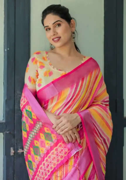 Multicolor Striped Artistic Hand Painted Linen Saree