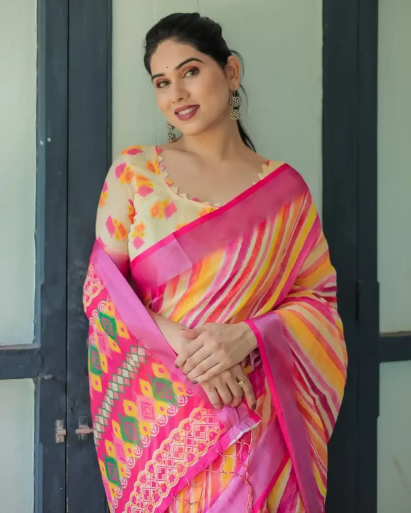 Multicolor Striped Artistic Hand Painted Linen Saree