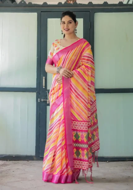 Multicolor Striped Artistic Hand Painted Linen Saree