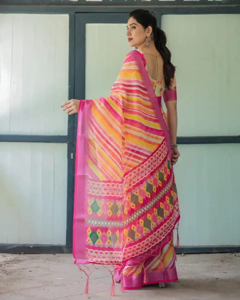 Multicolor Striped Artistic Hand Painted Linen Saree