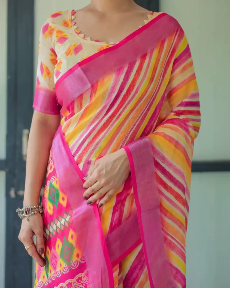 Multicolor Striped Artistic Hand Painted Linen Saree