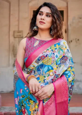 Buy Rajwadi saree 20 Multicolor Traditional Artwork Sky Blue Tussar Silk Saree