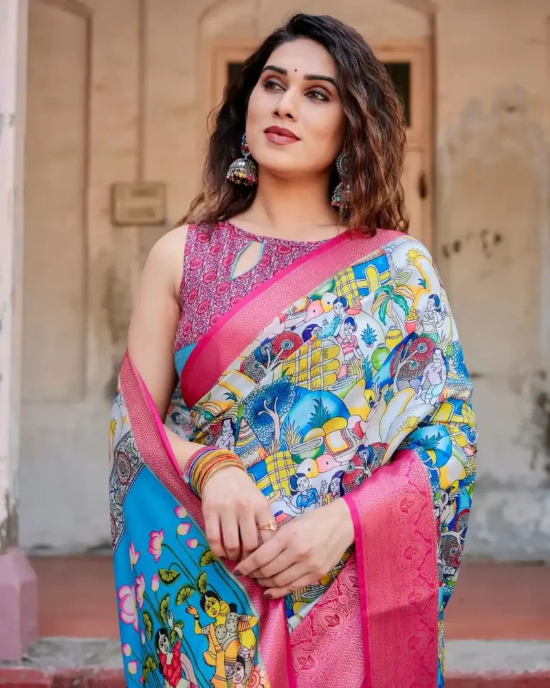 Multicolor Traditional Artwork Sky Blue Tussar Silk Saree