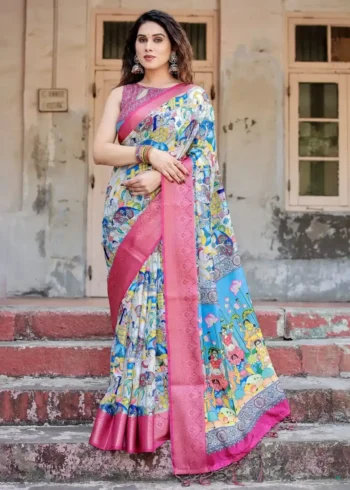 Multicolor Traditional Artwork Sky Blue Tussar Silk Saree