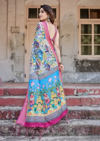 Multicolor Traditional Artwork Sky Blue Tussar Silk Saree