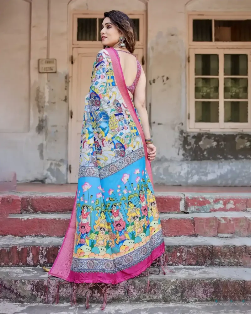 Multicolor Traditional Artwork Sky Blue Tussar Silk Saree