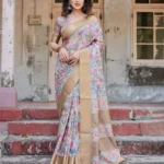 Muted Grey Hand Painted Floral Digital Print Tussar Silk Saree