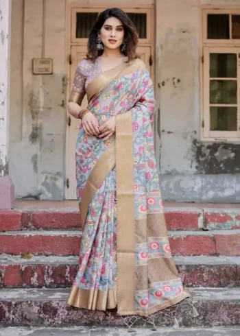 Muted Grey Hand Painted Floral Digital Print Tussar Silk Saree