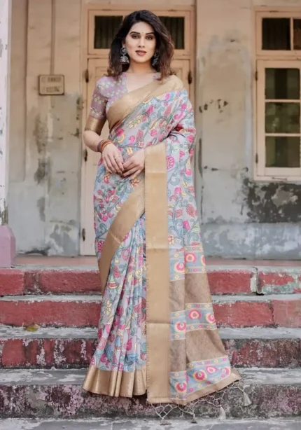 Muted Grey Hand Painted Floral Digital Print Tussar Silk Saree