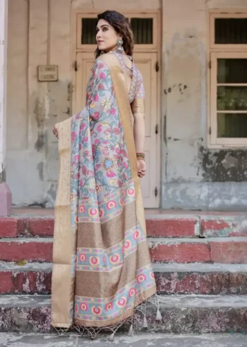 Muted Grey Hand Painted Floral Digital Print Tussar Silk Saree